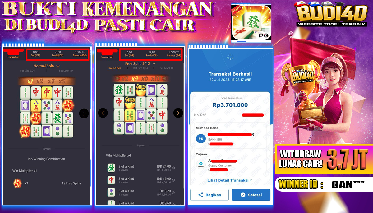 BUDI4D JACKPOT USERID:  GAN**** SLOT PGSOFT MAHJONG WAYS Rp.3.701.000,- LUNAS